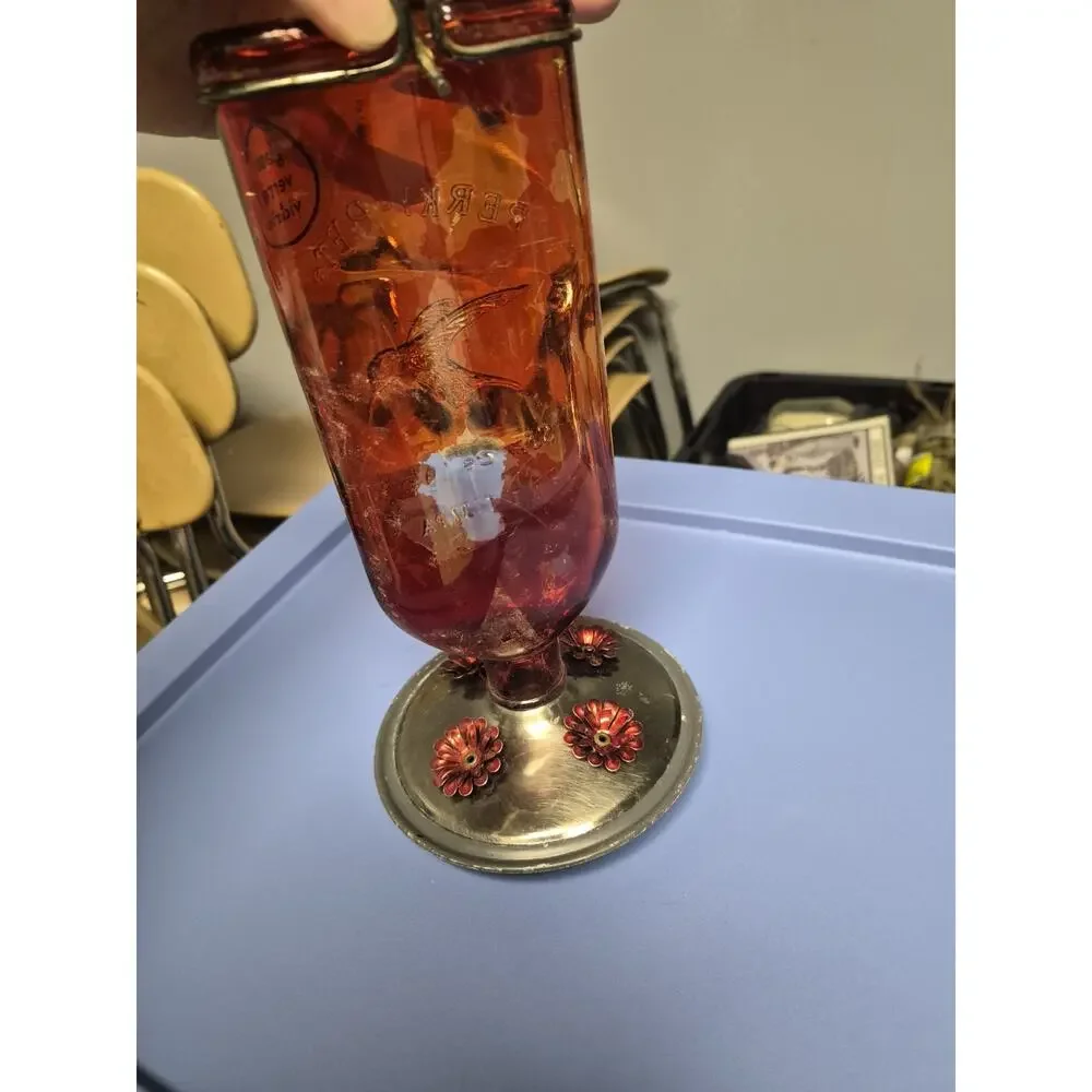 AntiquePerky-Pet Red Glass & Metal Hanging Hummingbird Nectar Feeder. Paint Fade